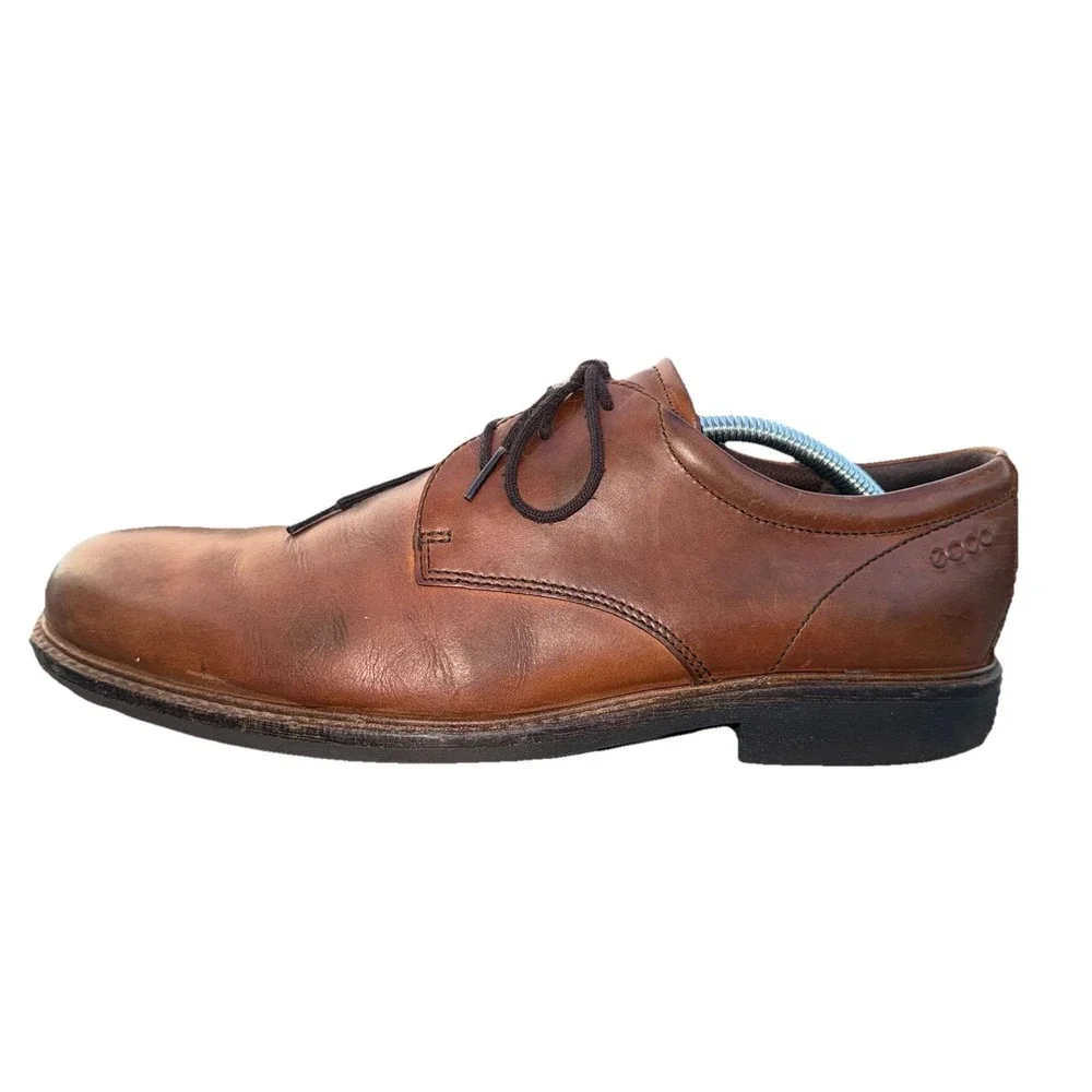 Ecco Mens Size EU 44 Brown Leather Oxford Dress Shoes Lace Up Extra Width
